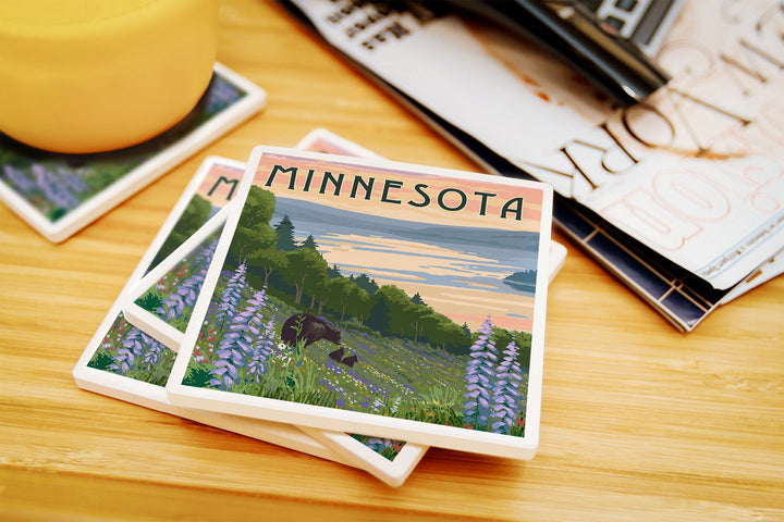 Minnesota, Lake & Bear Family, Lantern Press Artwork, Coaster Set Coasters Lantern Press 