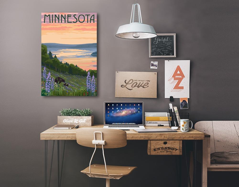 Minnesota, Lake & Bear Family, Lantern Press Artwork, Stretched Canvas Canvas Lantern Press 