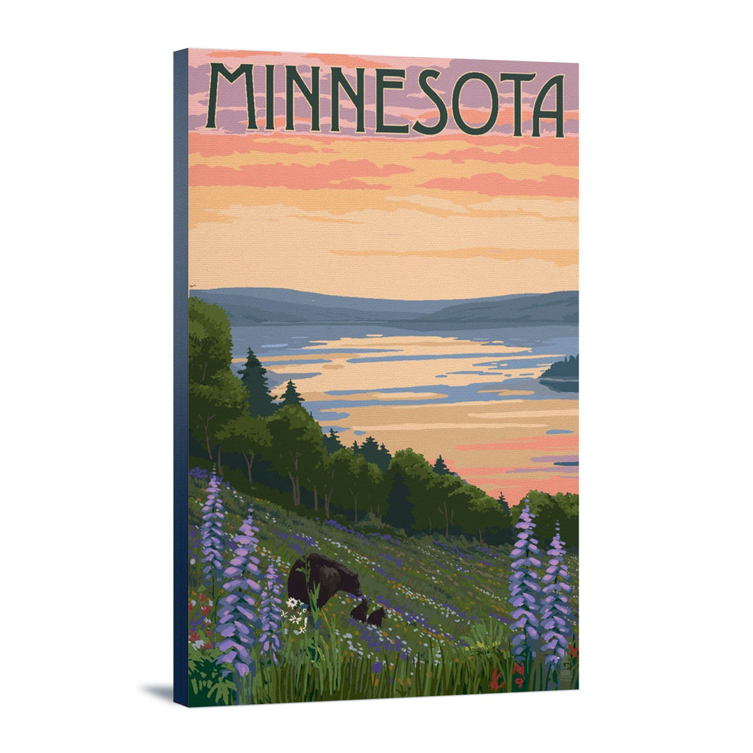 Minnesota, Lake & Bear Family, Lantern Press Artwork, Stretched Canvas Canvas Lantern Press 