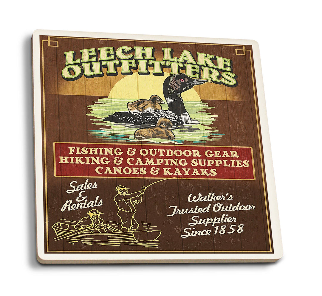 Minnesota, Leech Lake Outfitters Loon Vintage Sign, Lantern Press Artwork, Coaster Set Coasters Lantern Press 
