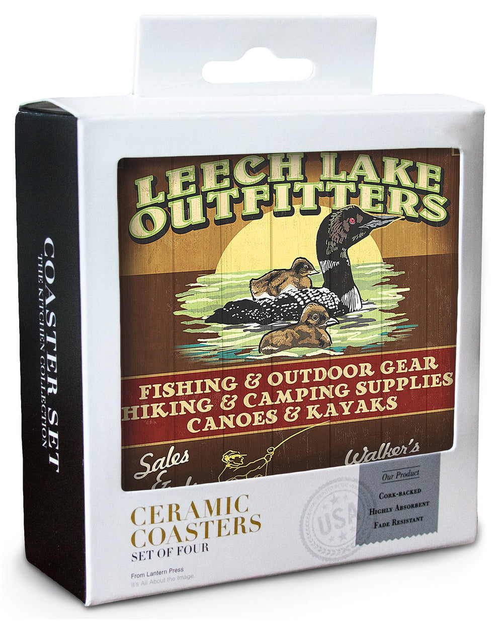 Minnesota, Leech Lake Outfitters Loon Vintage Sign, Lantern Press Artwork, Coaster Set Coasters Lantern Press 