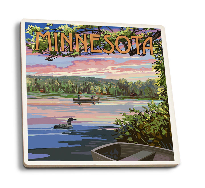 Minnesota, Summer Lake Sunset Scene, Lantern Press Artwork, Coaster Set Coasters Lantern Press 