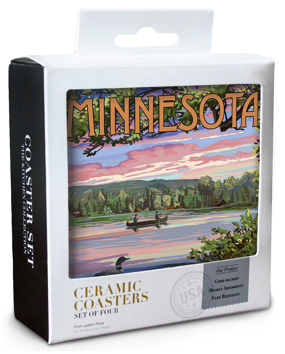 Minnesota, Summer Lake Sunset Scene, Lantern Press Artwork, Coaster Set Coasters Lantern Press 