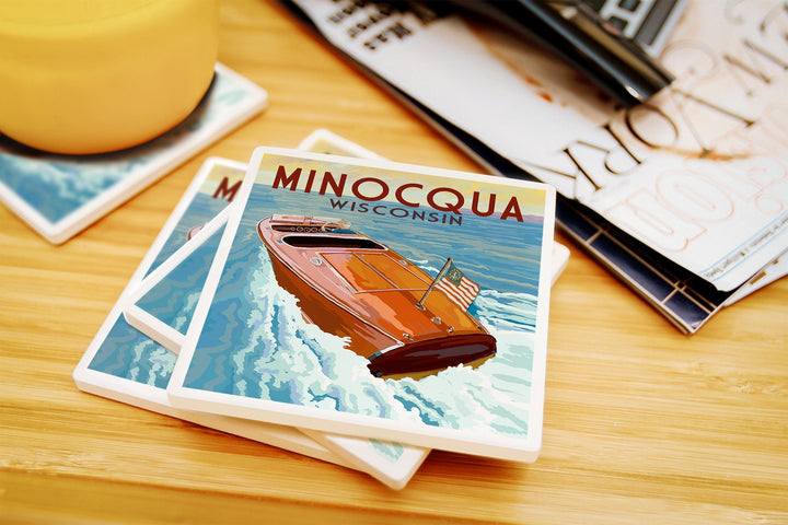 Minocqua, Wisconsin, Wooden Boat on Lake, Lantern Press Artwork, Coaster Set Coasters Lantern Press 