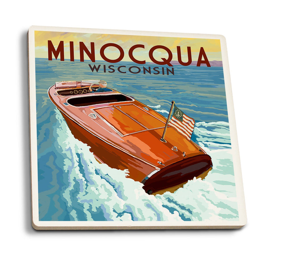 Minocqua, Wisconsin, Wooden Boat on Lake, Lantern Press Artwork, Coaster Set Coasters Lantern Press 