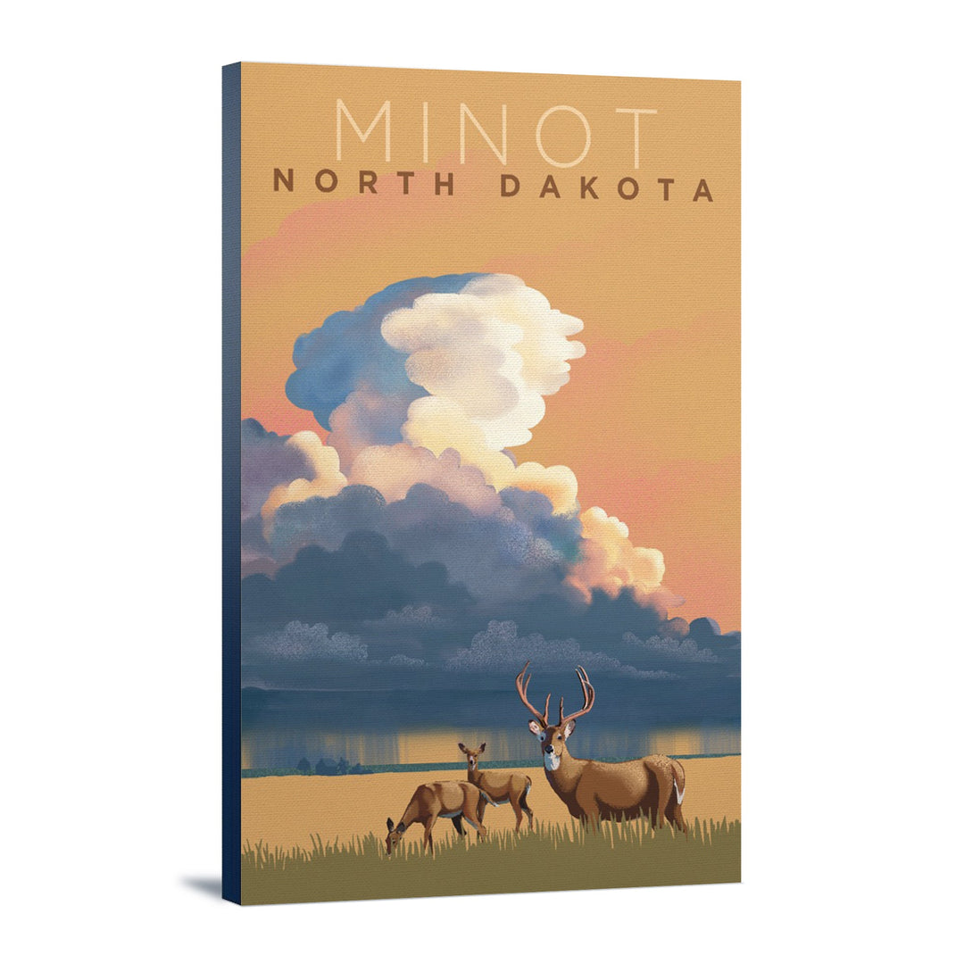 Minot, North Dakota, White-tailed Deer & Rain Cloud, Lithograph, Lantern Press Artwork, Stretched Canvas Canvas Lantern Press 12x18 Stretched Canvas 