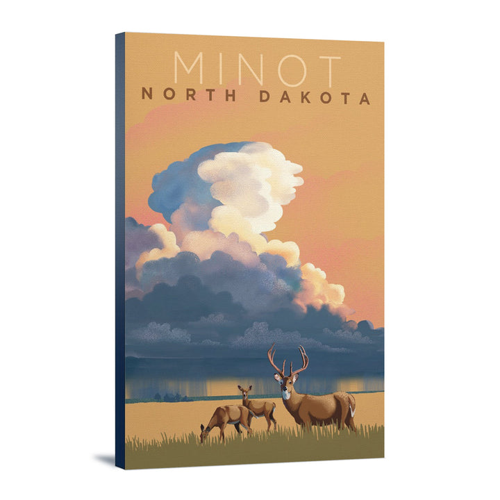 Minot, North Dakota, White-tailed Deer & Rain Cloud, Lithograph, Lantern Press Artwork, Stretched Canvas Canvas Lantern Press 16x24 Stretched Canvas 