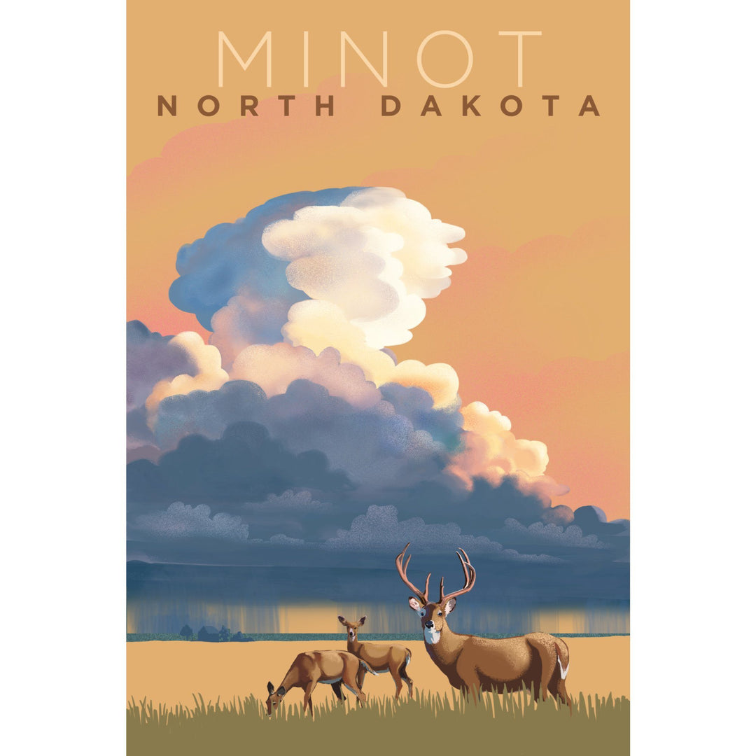 Minot, North Dakota, White-tailed Deer & Rain Cloud, Lithograph, Lantern Press Artwork, Stretched Canvas Canvas Lantern Press 