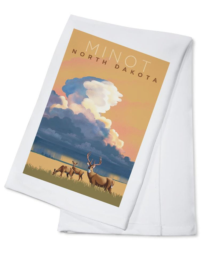 Minot, North Dakota, White-tailed Deer & Rain Cloud, Lithograph, Lantern Press Artwork, Towels and Aprons Kitchen Lantern Press Cotton Towel 