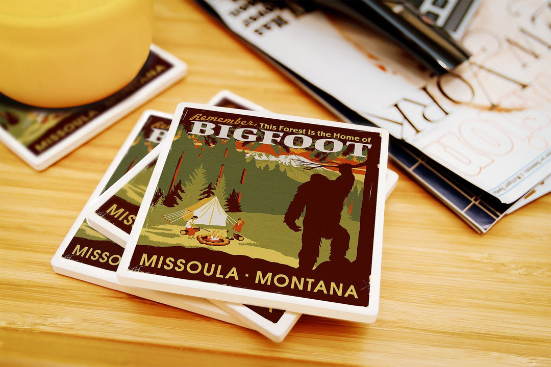 Missoula, Montana, Home of Bigfoot, WPA Style, Lantern Press Artwork, Coaster Set Coasters Lantern Press 
