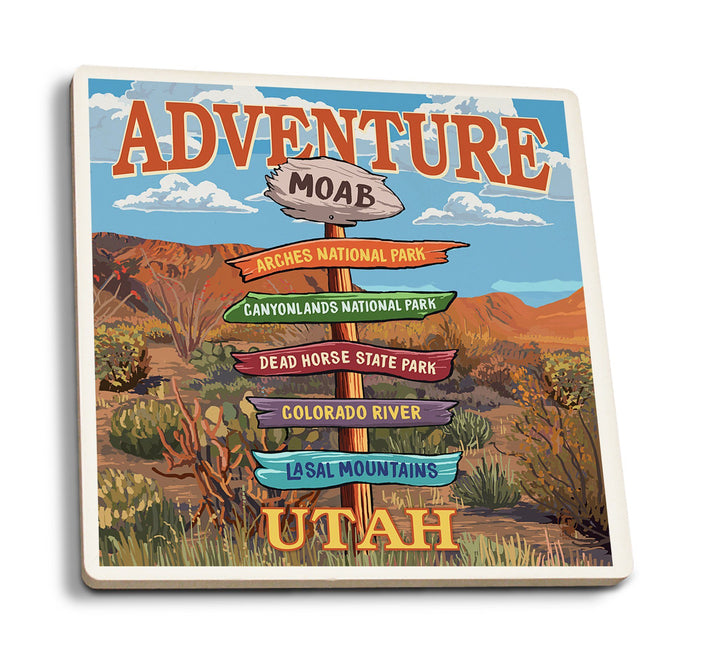 Moab, Utah, Destination Signpost, Lantern Press Artwork, Coaster Set Coasters Lantern Press 