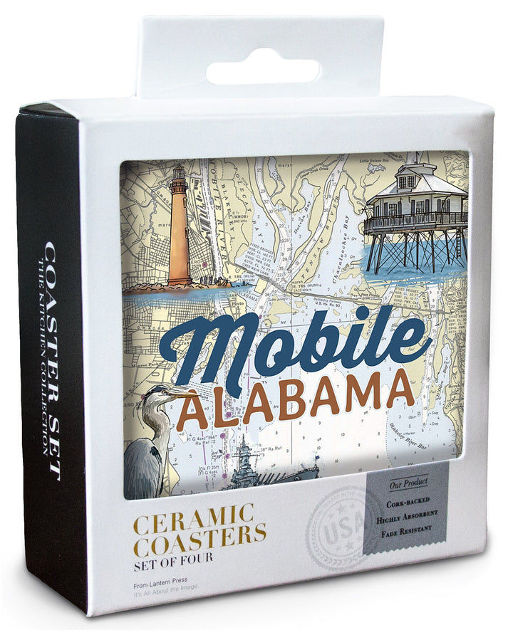 Mobile, Alabama, Nautical Chart, Lantern Press Poster, Coaster Set Coasters Lantern Press 