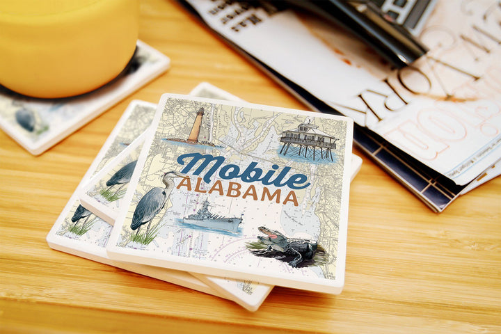 Mobile, Alabama, Nautical Chart, Lantern Press Poster, Coaster Set Coasters Lantern Press 