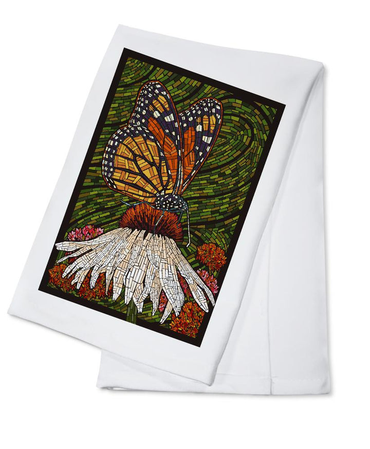 Monarch Butterfly, Paper Mosaic, Green Background, Lantern Press Poster, Towels and Aprons Kitchen Lantern Press Cotton Towel 