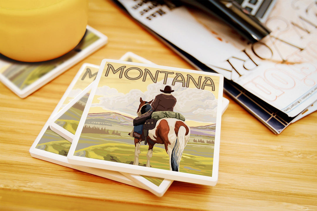 Montana, Cowboy & Horse, Lantern Press Artwork, Coaster Set Coasters Lantern Press 