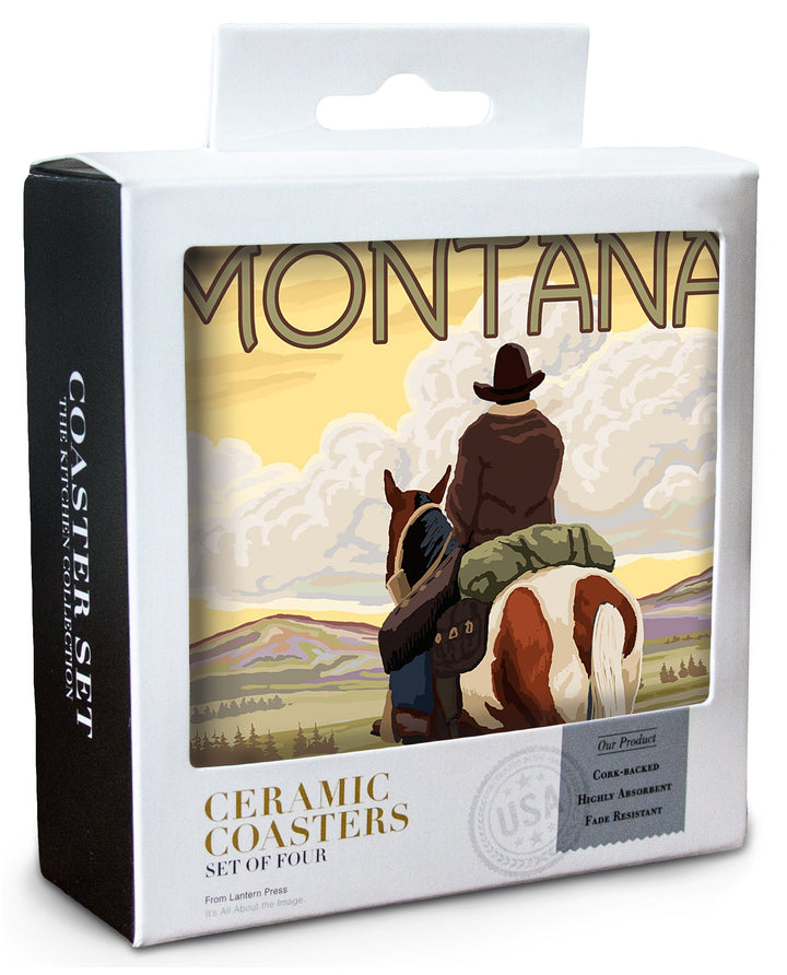 Montana, Cowboy & Horse, Lantern Press Artwork, Coaster Set Coasters Lantern Press 