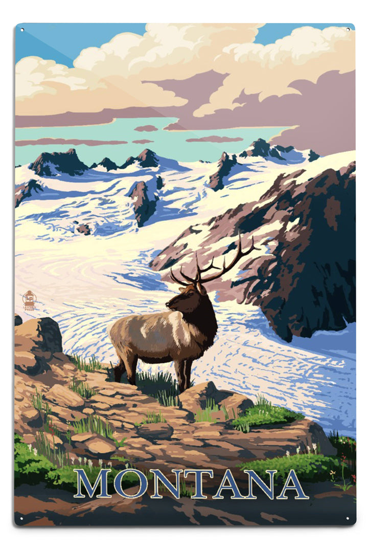 Montana, Elk & Snowy Mountain, Lantern Press Artwork, Art Prints and Metal Signs Art Lantern Press 