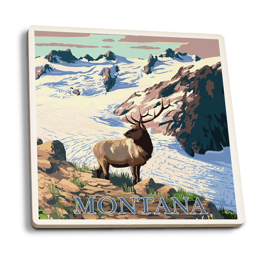 Montana, Elk & Snowy Mountain, Lantern Press Artwork, Coaster Set Coasters Lantern Press 