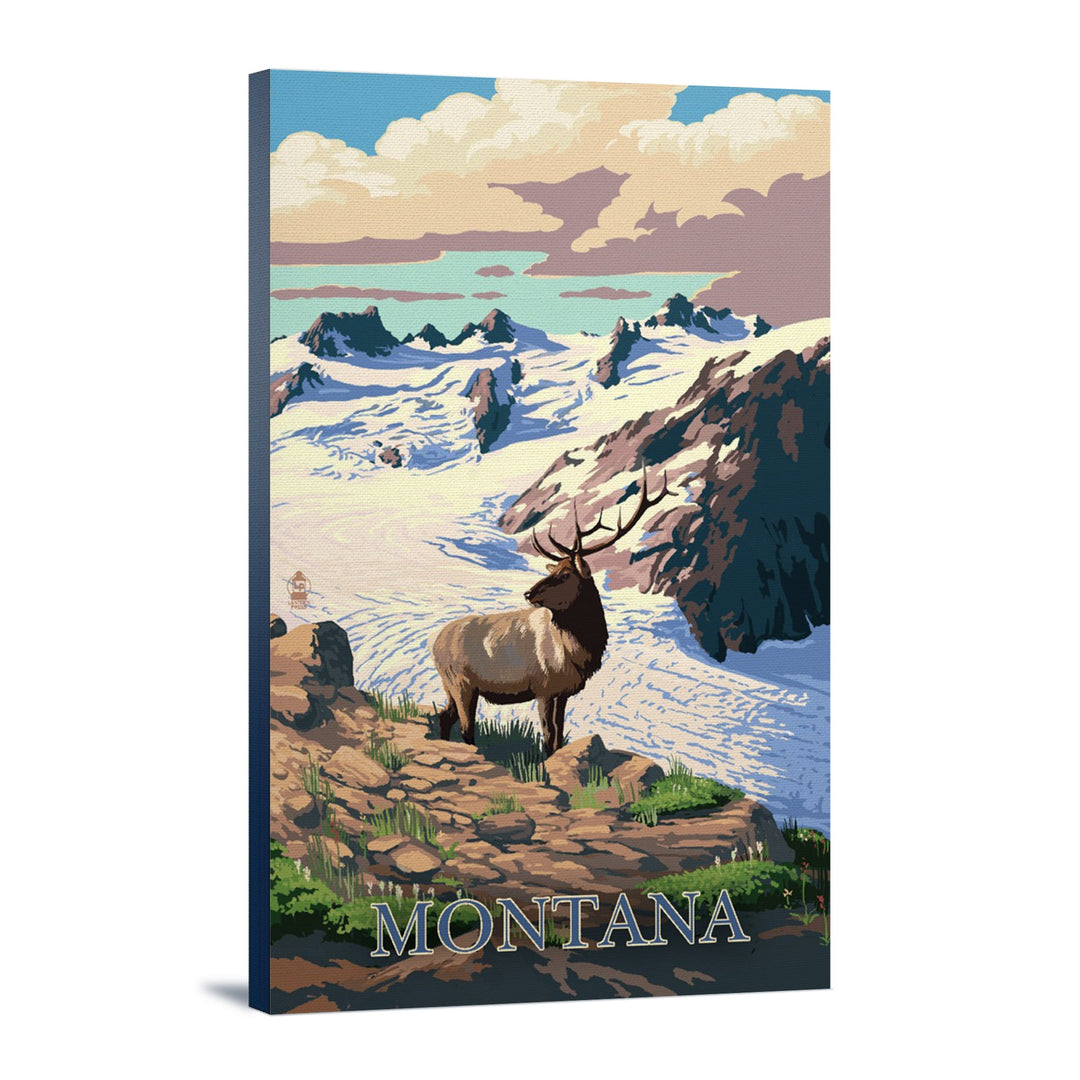 Montana, Elk & Snowy Mountain, Lantern Press Artwork, Stretched Canvas Canvas Lantern Press 12x18 Stretched Canvas 