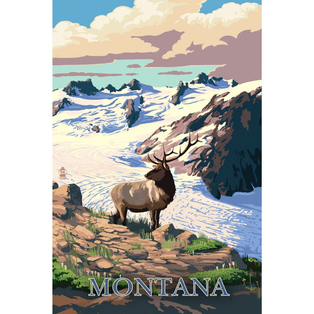 Montana, Elk & Snowy Mountain, Lantern Press Artwork, Stretched Canvas Canvas Lantern Press 