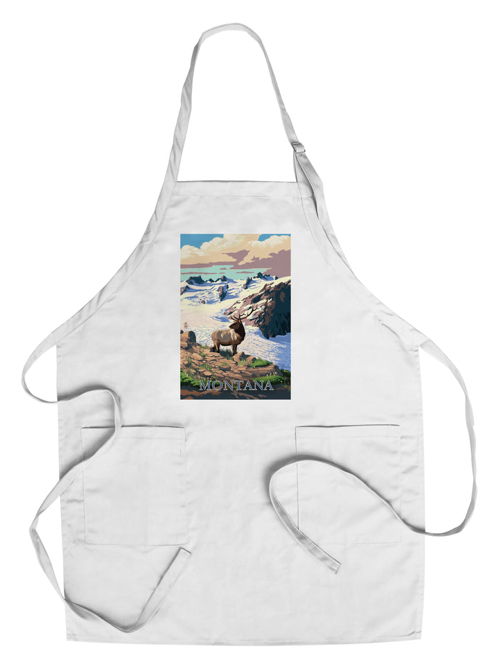 Montana, Elk & Snowy Mountain, Lantern Press Artwork, Towels and Aprons Kitchen Lantern Press Chef's Apron 