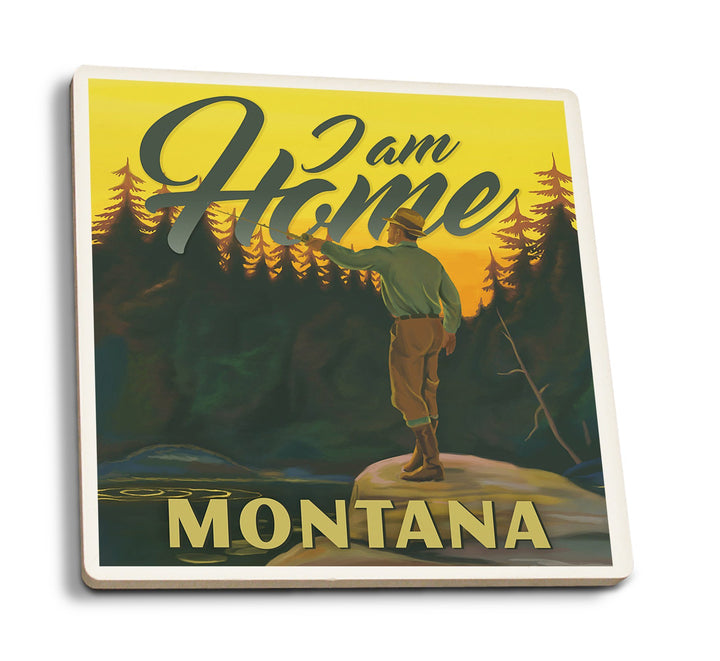 Montana, I am Home, Fly Fishing Scene, Lantern Press Artwork, Coaster Set Coasters Lantern Press 