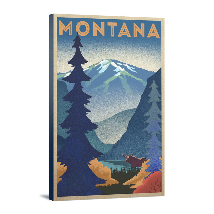 Montana, Mountain & Moose, Lithograph, Lantern Press Artwork, Stretched Canvas Canvas Lantern Press 12x18 Stretched Canvas 