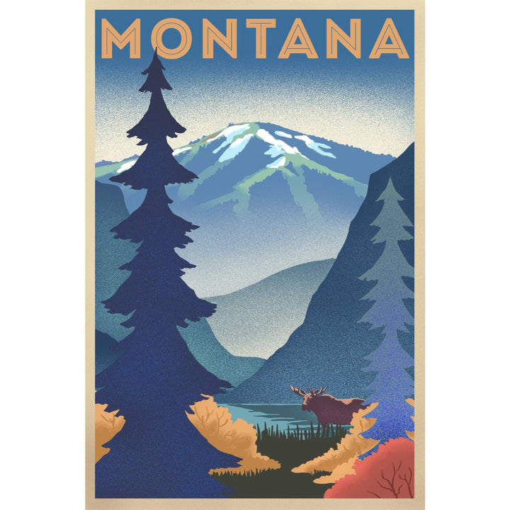 Montana, Mountain & Moose, Lithograph, Lantern Press Artwork, Stretched Canvas Canvas Lantern Press 