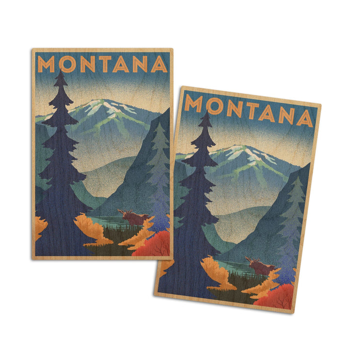 Montana, Mountain & Moose, Lithograph, Lantern Press Artwork, Wood Signs and Postcards Wood Lantern Press 4x6 Wood Postcard Set 