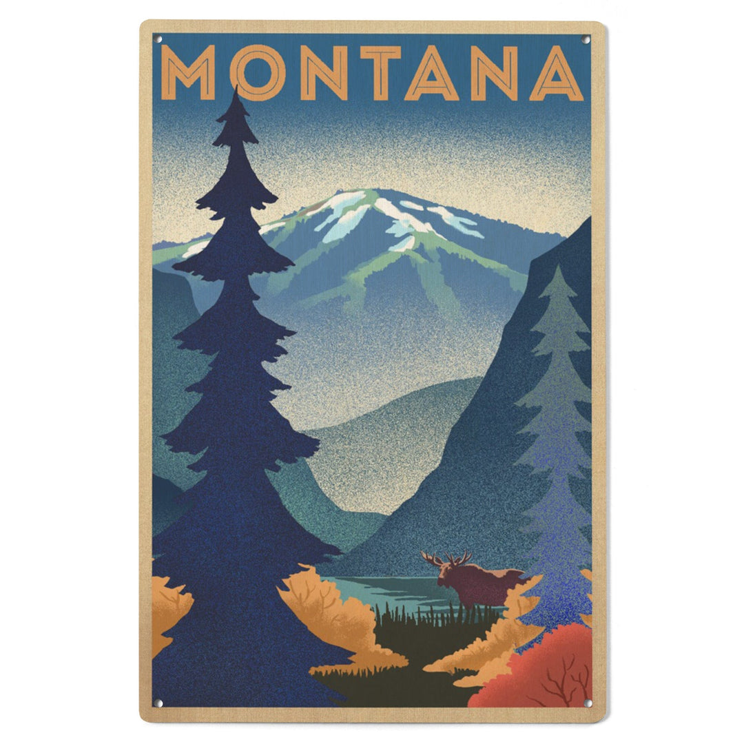 Montana, Mountain & Moose, Lithograph, Lantern Press Artwork, Wood Signs and Postcards Wood Lantern Press 