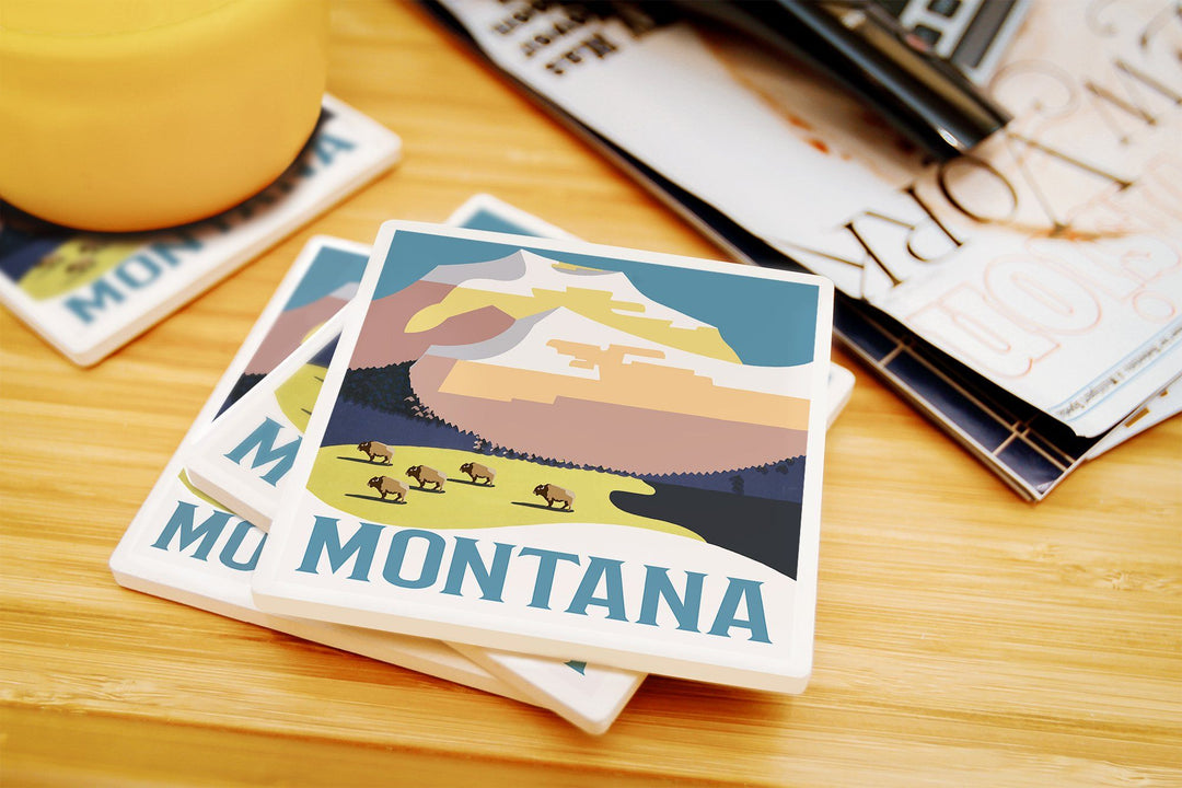 Montana, Mountain Scene with Buffalo, Lantern Press Artwork, Coaster Set Coasters Lantern Press 