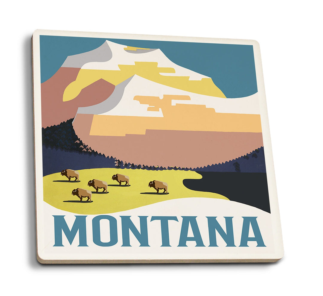 Montana, Mountain Scene with Buffalo, Lantern Press Artwork, Coaster Set Coasters Lantern Press 