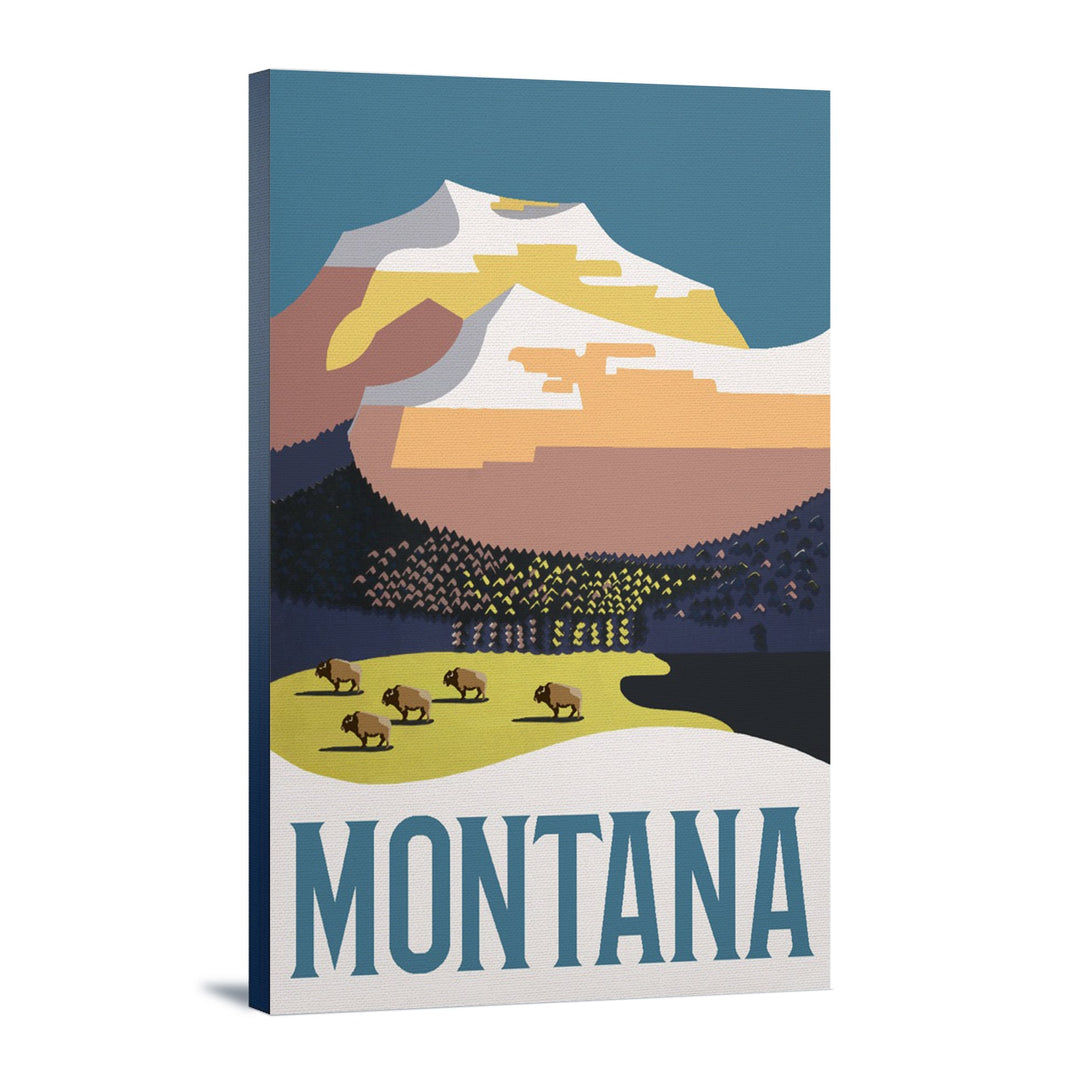 Montana, Mountain Scene with Buffalo, Lantern Press Artwork, Stretched Canvas Canvas Lantern Press 12x18 Stretched Canvas 