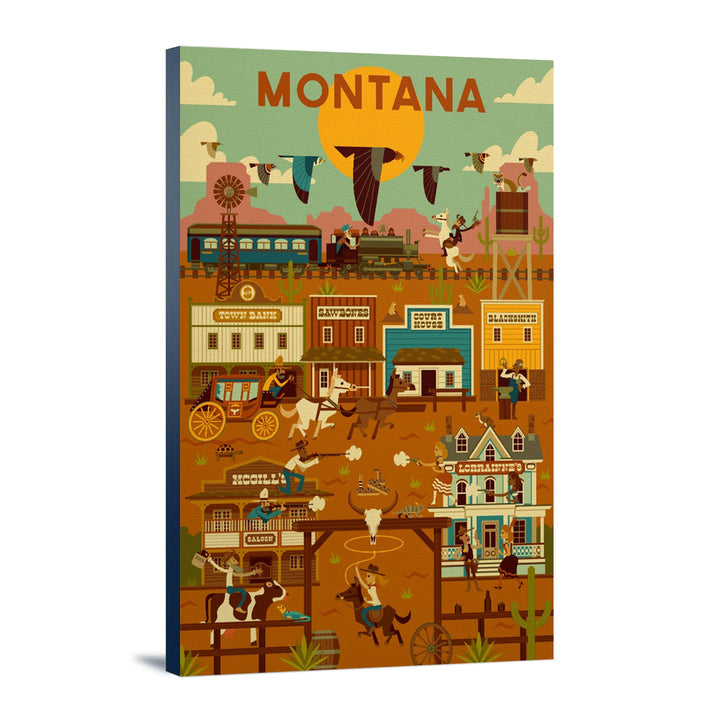 Montana, Old Town, Geometric Lantern Press Artwork, Stretched Canvas Canvas Lantern Press 12x18 Stretched Canvas 