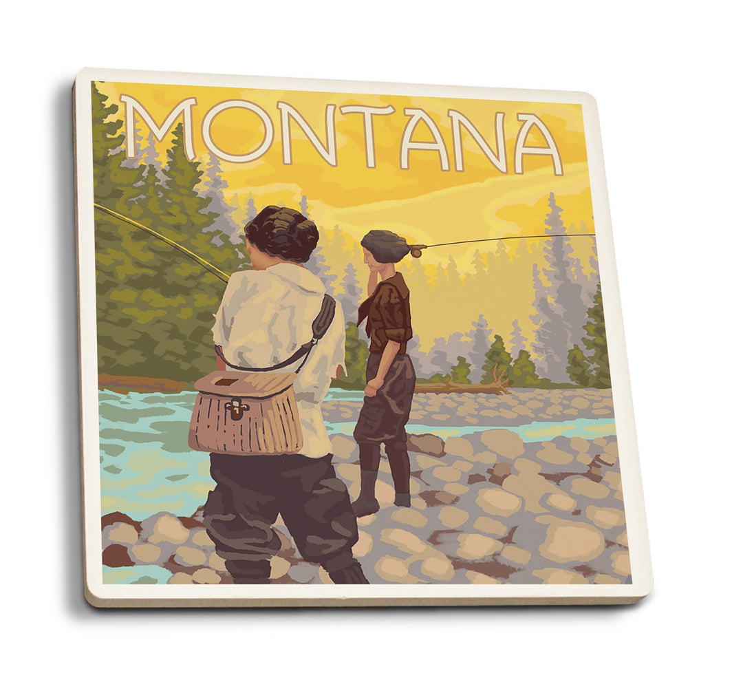 Montana, Women Fly Fishing, Lantern Press Artwork, Coaster Set
