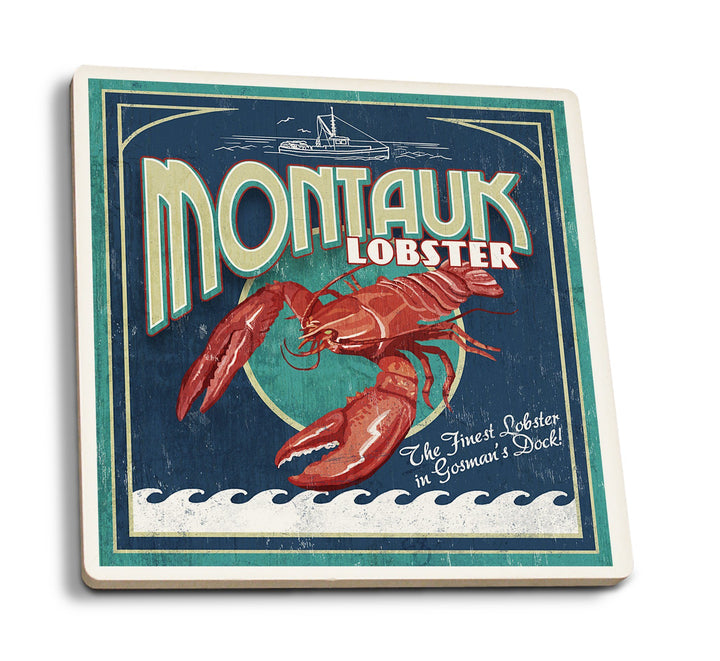 Montauk, New York, Lobster Vintage Sign, Lantern Press Artwork, Coaster Set Coasters Lantern Press 