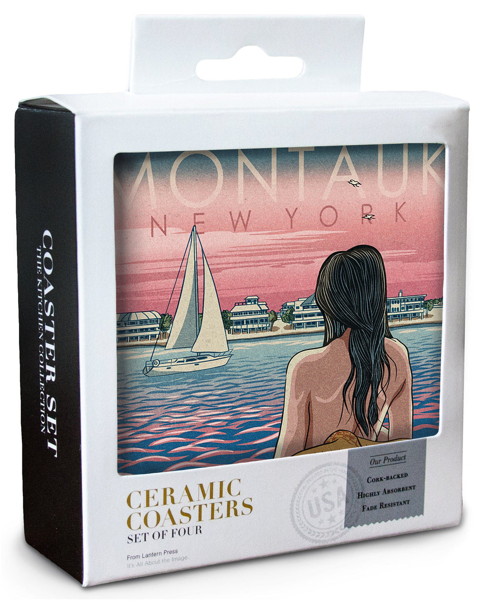 Montauk, New York, Mermaid & Beach, Woodblock Print, Lantern Press Artwork, Coaster Set Coasters Lantern Press 