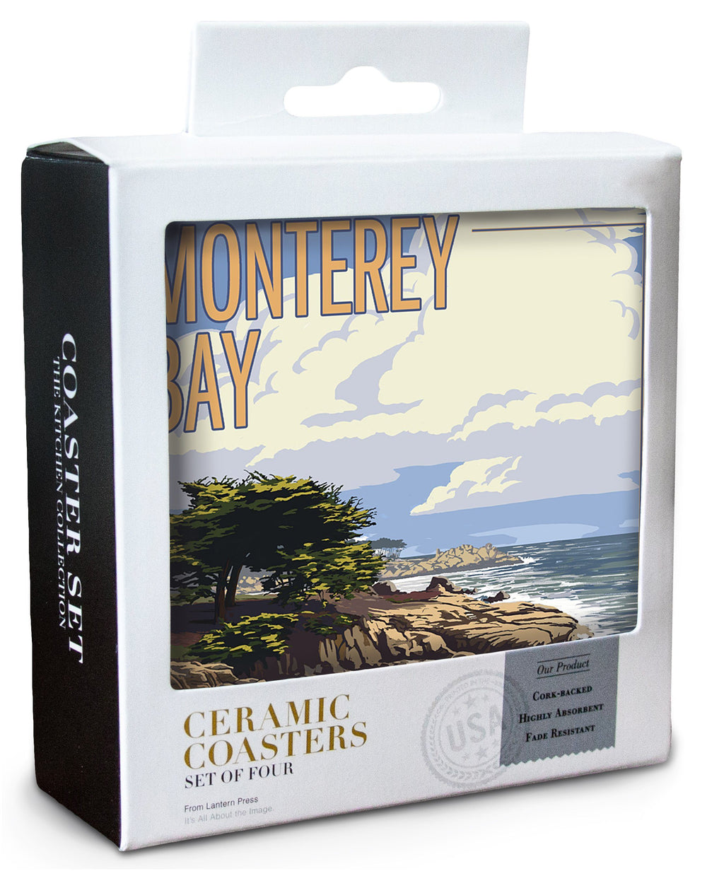 Monterey Bay, California, Cypress Tree, Lantern Press Artwork, Coaster Set Coasters Lantern Press 