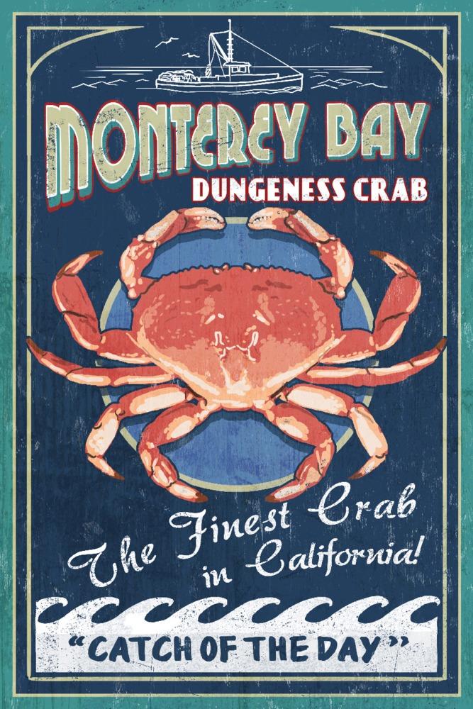 Monterey Bay, California, Dungeness Crab, Vintage Sign, Lantern Press Artwork, Art Prints and Metal Signs Art Lantern Press 12 x 18 Art Print 