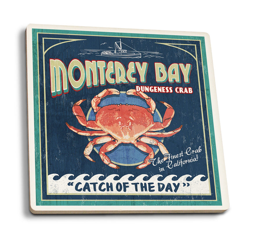 Monterey Bay, California, Dungeness Crab, Vintage Sign, Lantern Press Artwork, Coaster Set Coasters Lantern Press 