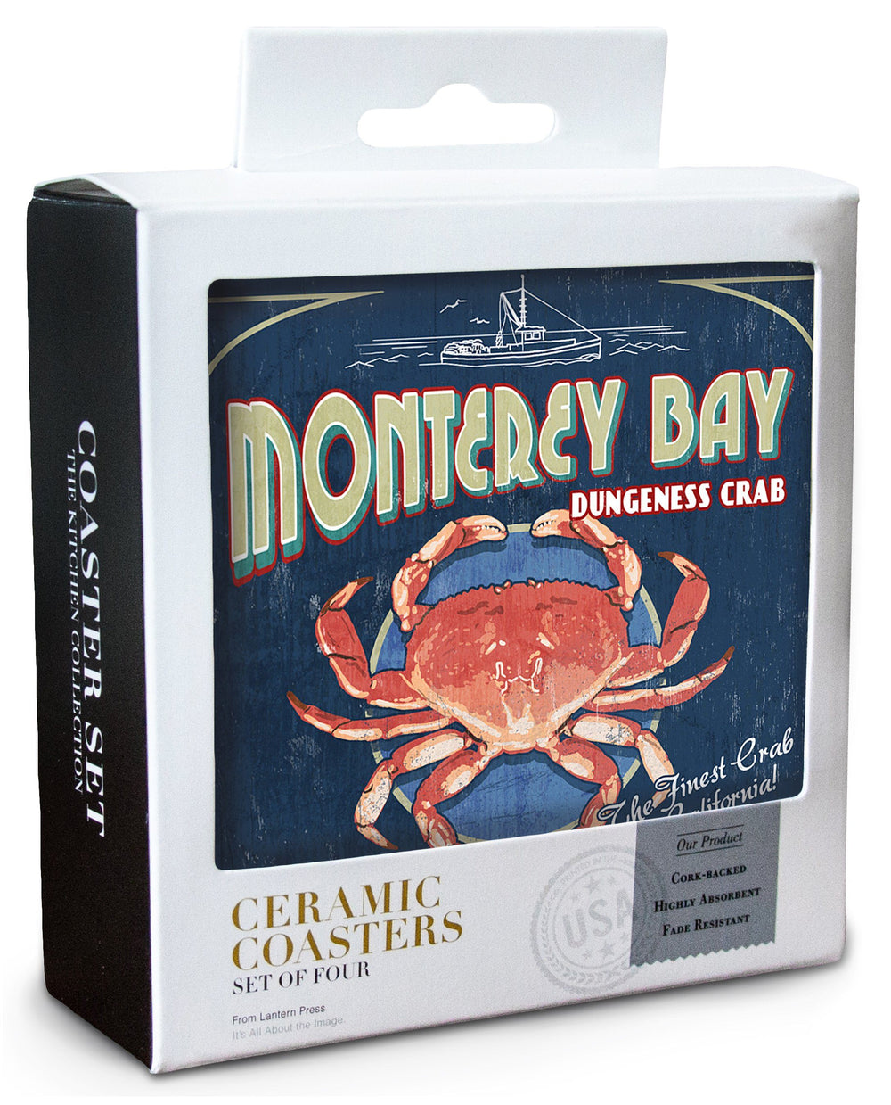 Monterey Bay, California, Dungeness Crab, Vintage Sign, Lantern Press Artwork, Coaster Set Coasters Lantern Press 