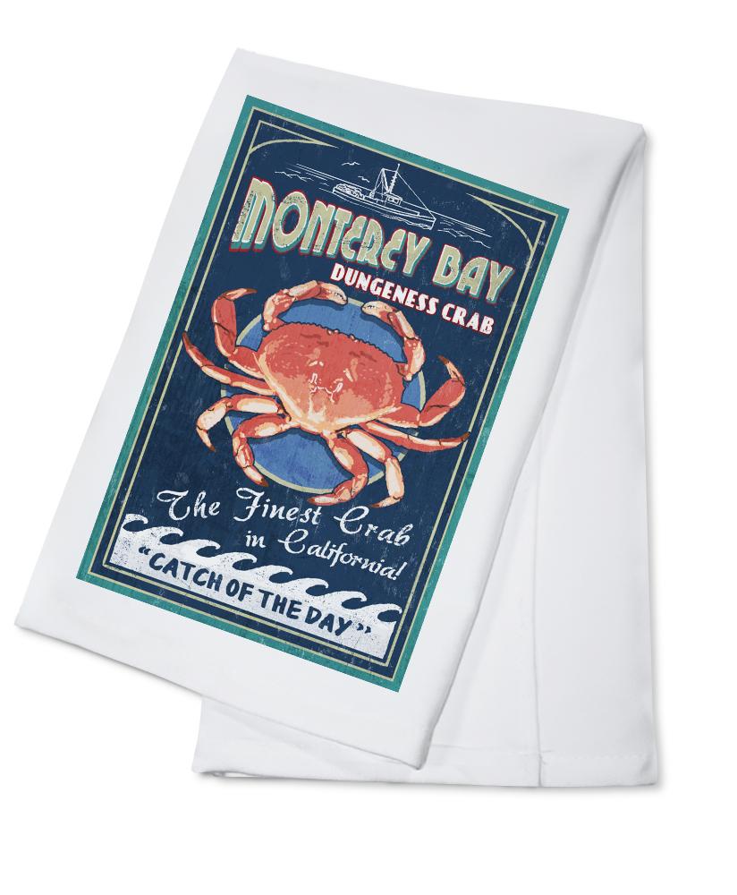 Monterey Bay, California, Dungeness Crab, Vintage Sign, Lantern Press Artwork, Towels and Aprons Kitchen Lantern Press Cotton Towel 