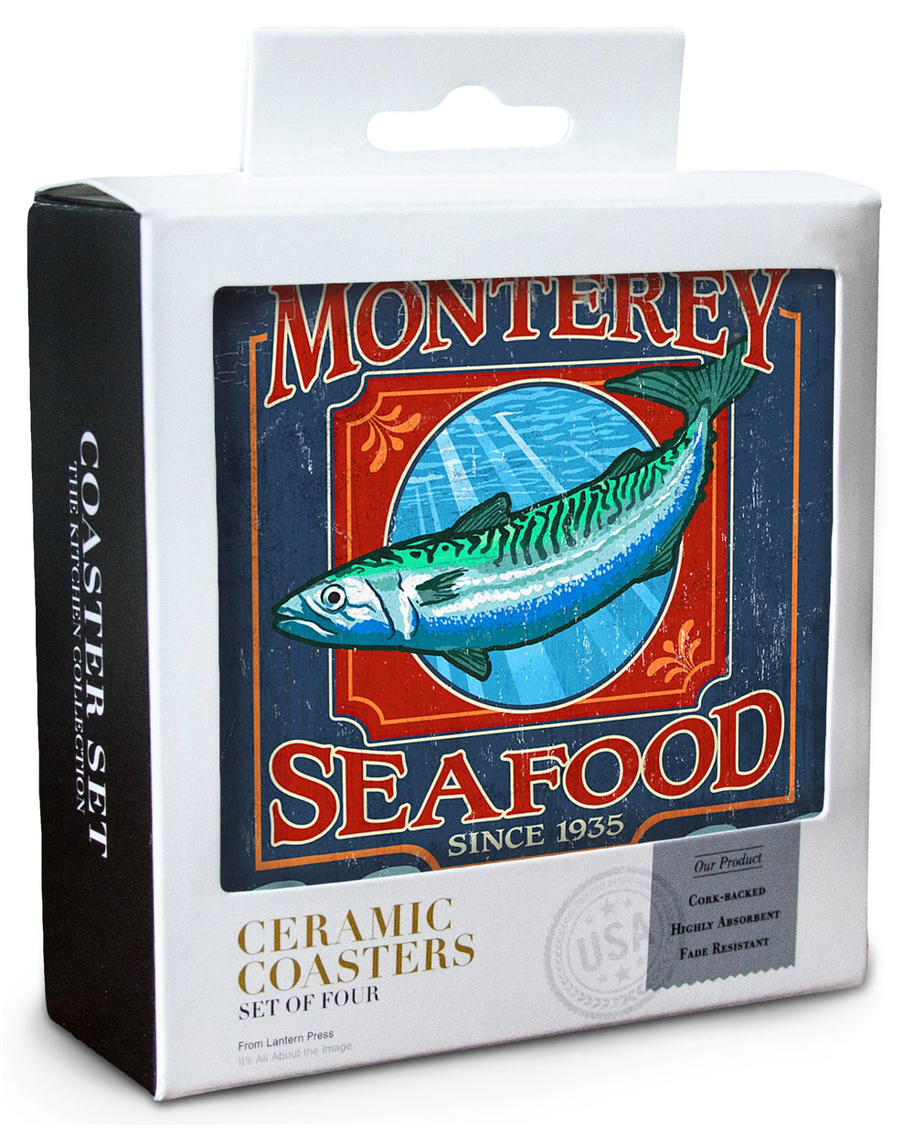 Monterey, California, Seafood Vintage Sign, Lantern Press Artwork, Coaster Set Coasters Lantern Press 