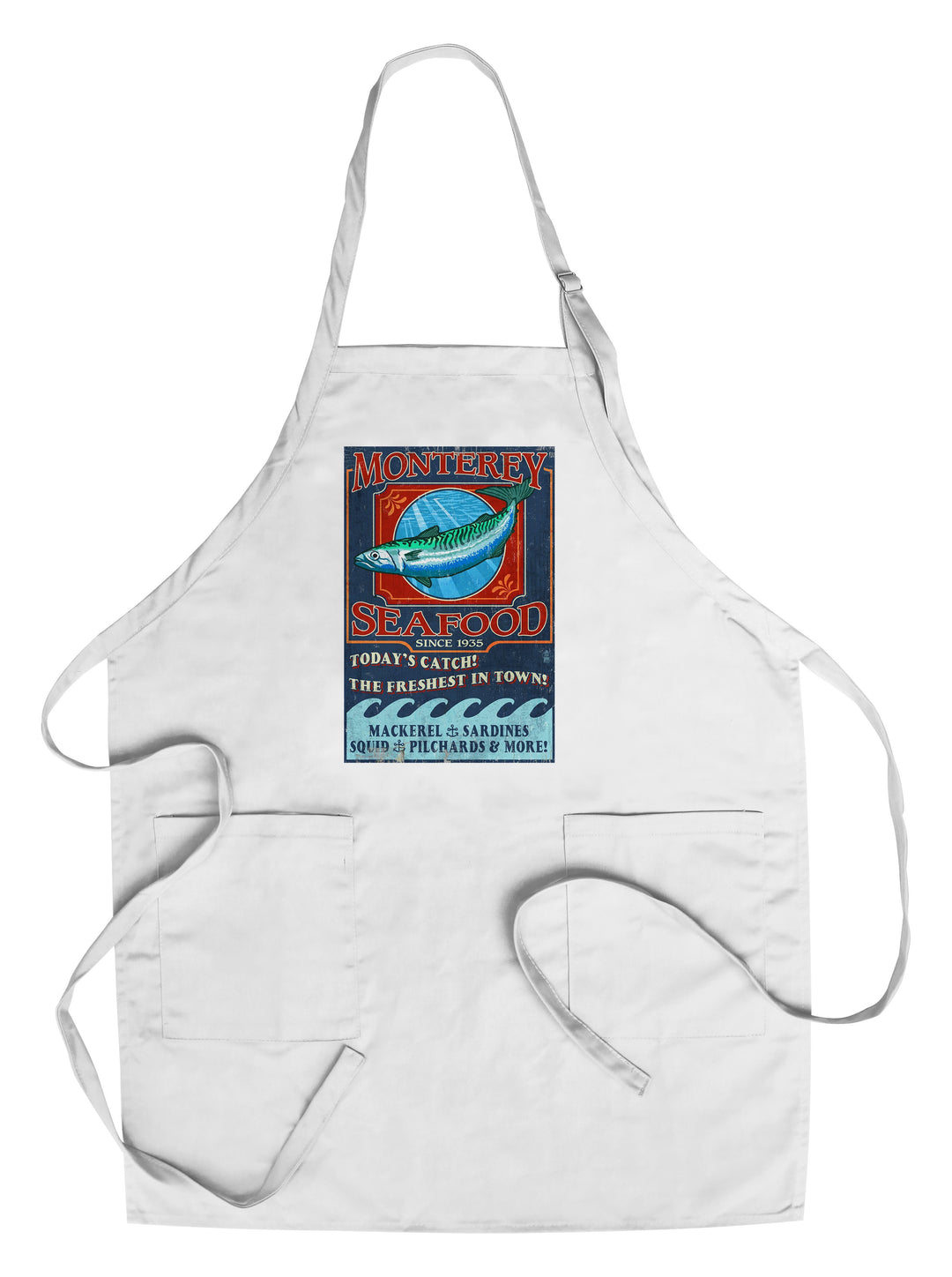 Monterey, California, Seafood Vintage Sign, Lantern Press Artwork, Towels and Aprons Kitchen Lantern Press Chef's Apron 
