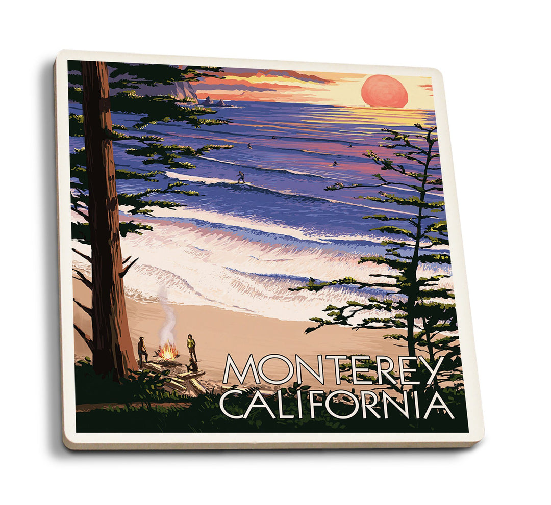 Monterey, California, Sunset & Beach, Lantern Press Artwork, Coaster Set Coasters Lantern Press 