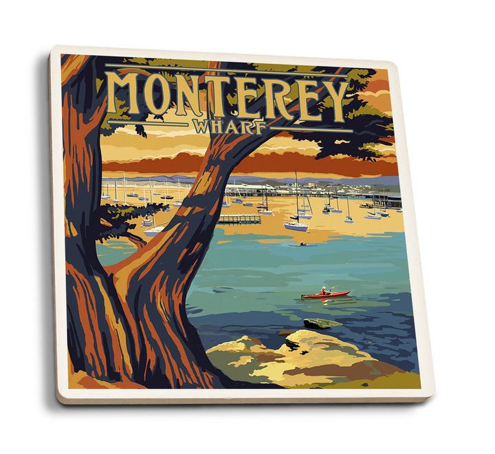 Monterey Wharf, California, Coastal Scene, Lantern Press Artwork, Coaster Set Coasters Lantern Press 