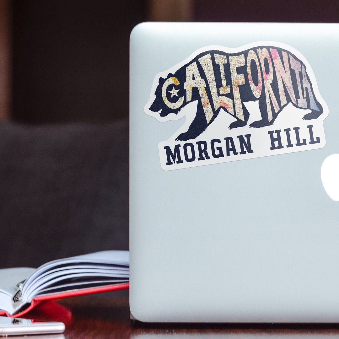 Morgan Hill, California, Bear Typography, Contour Sticker Lantern Press 