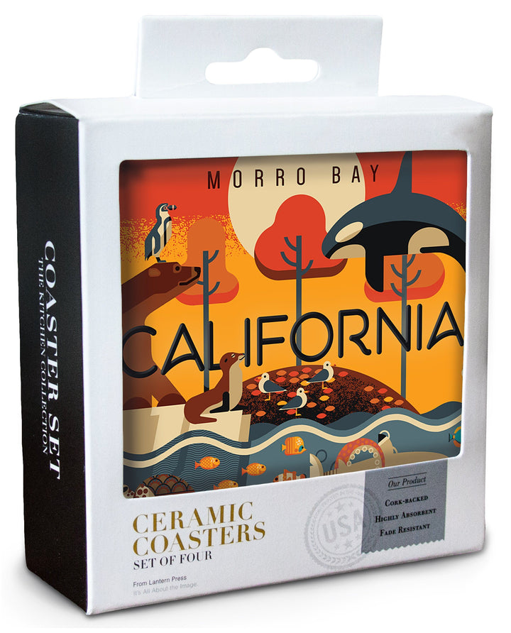 Morro Bay, California, Marine Animals, Geometric, Lantern Press Artwork, Coaster Set Coasters Lantern Press 