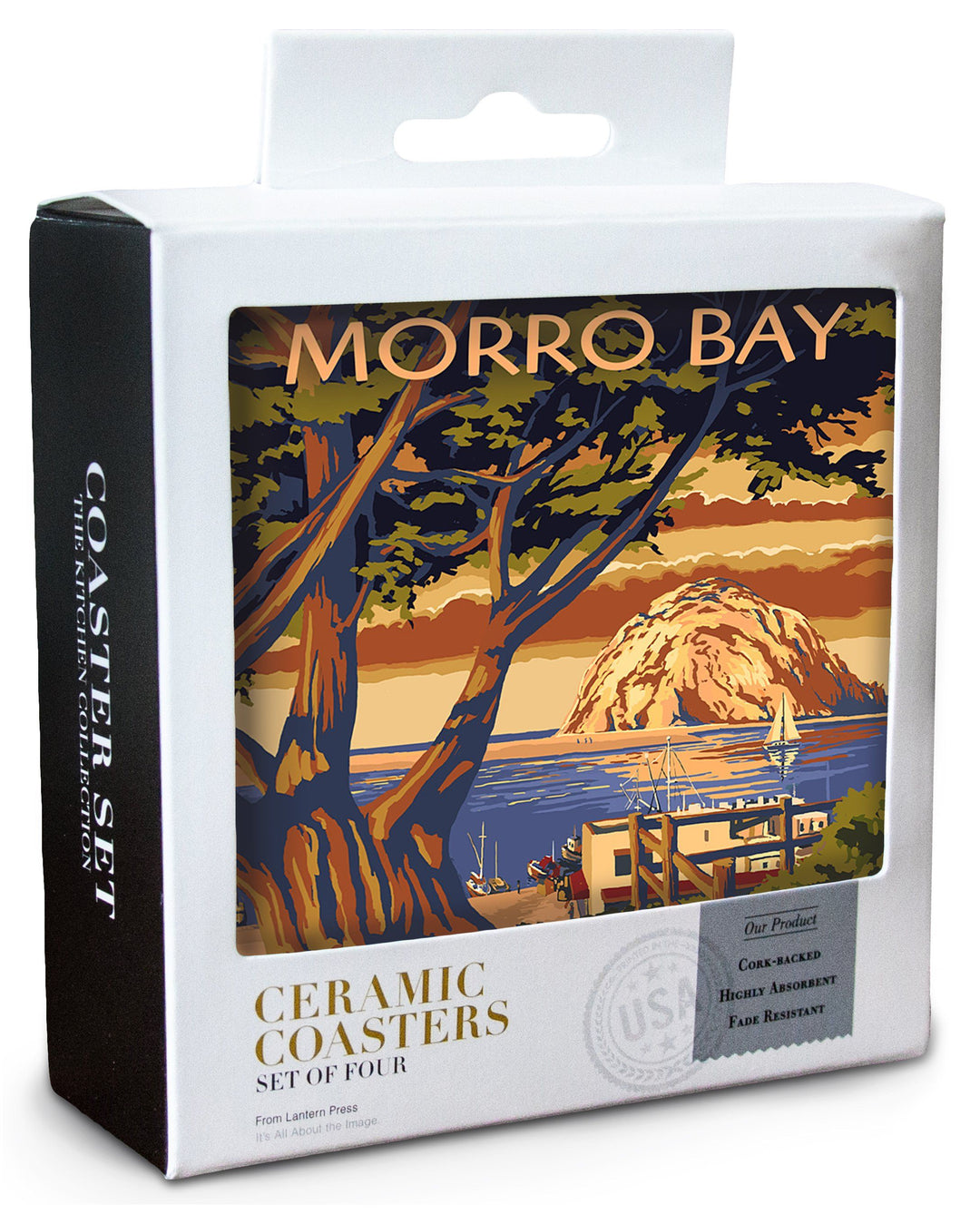 Morro Bay, California, Town View with Morro Rock, Lantern Press Artwork, Coaster Set Coasters Lantern Press 