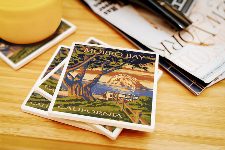 Morro Bay, California, Town View with Morro Rock, Lantern Press Artwork, Coaster Set Coasters Lantern Press 